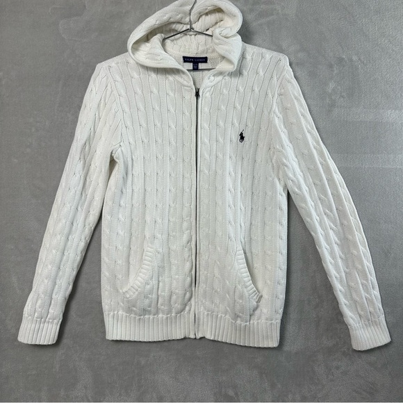 Vtg Ralph Lauren Cable Knit Full Zip Hoodie Sweater Womens XL White Preppy READ - Picture 1 of 13